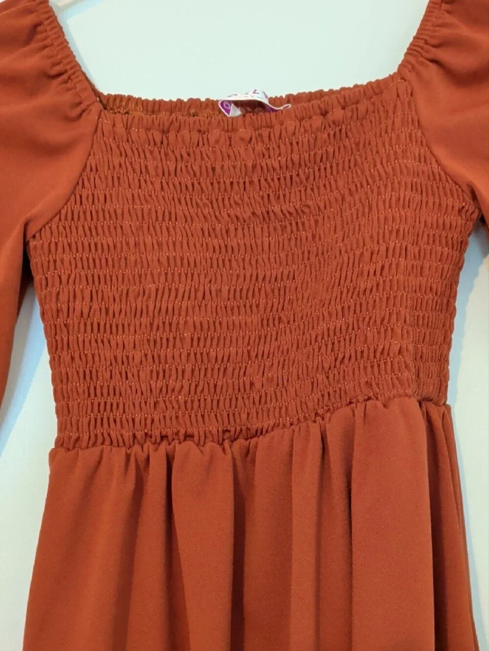 GORLYA Girls Rust Long Sleeve Smocked Dress